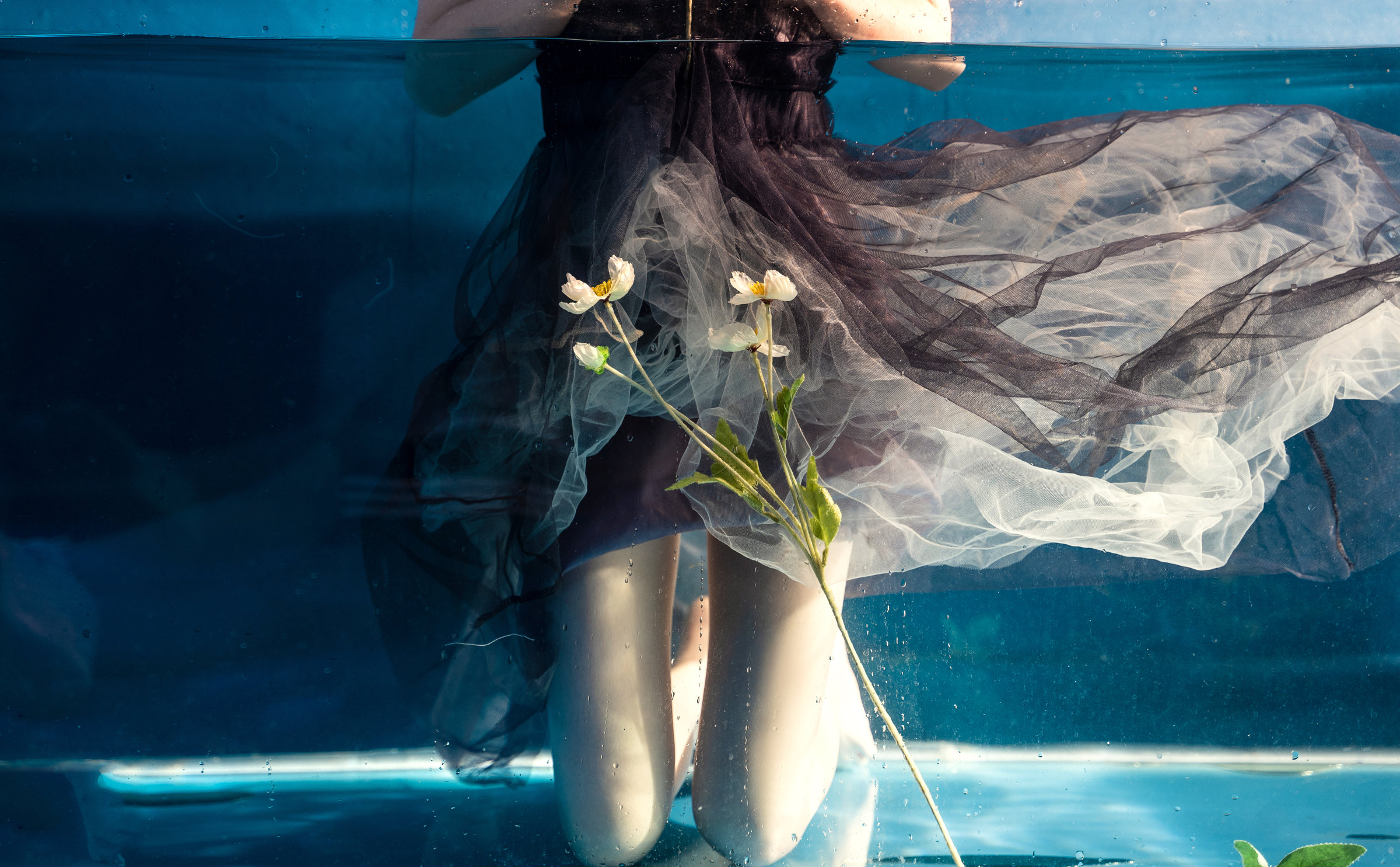 A woman in a dark dress with translucent fabric and flowers inside a water tank