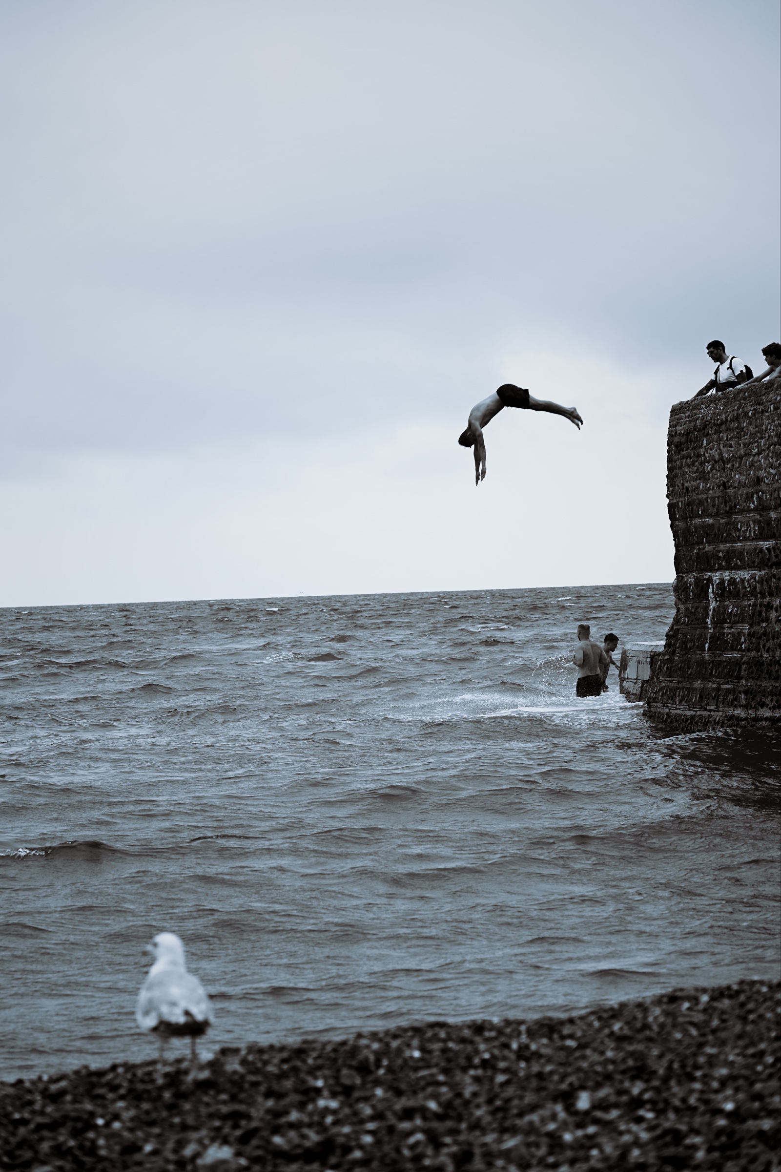 A diver falls towards the sea beneath watching figures and above a blurred gull