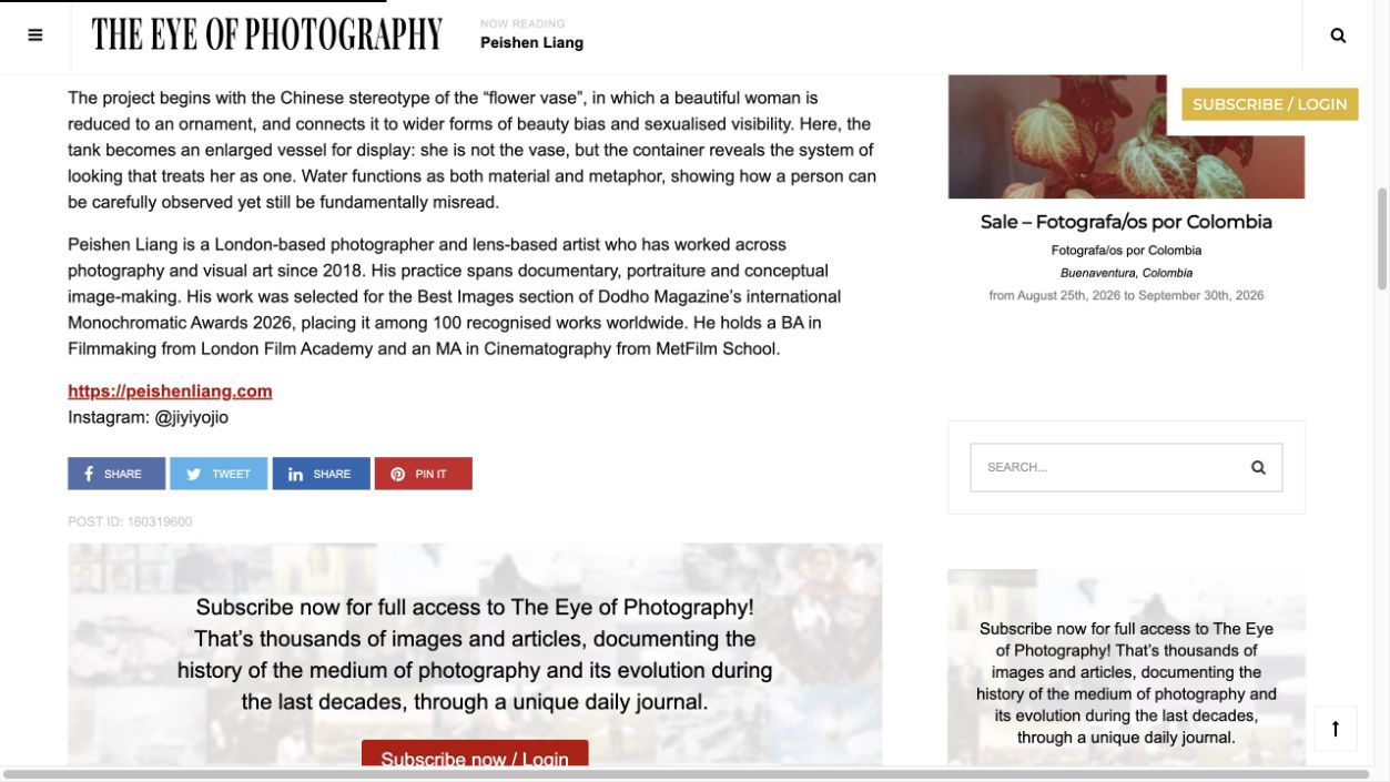 The Eye of Photography article showing the Misread statement and Peishen Liang biography