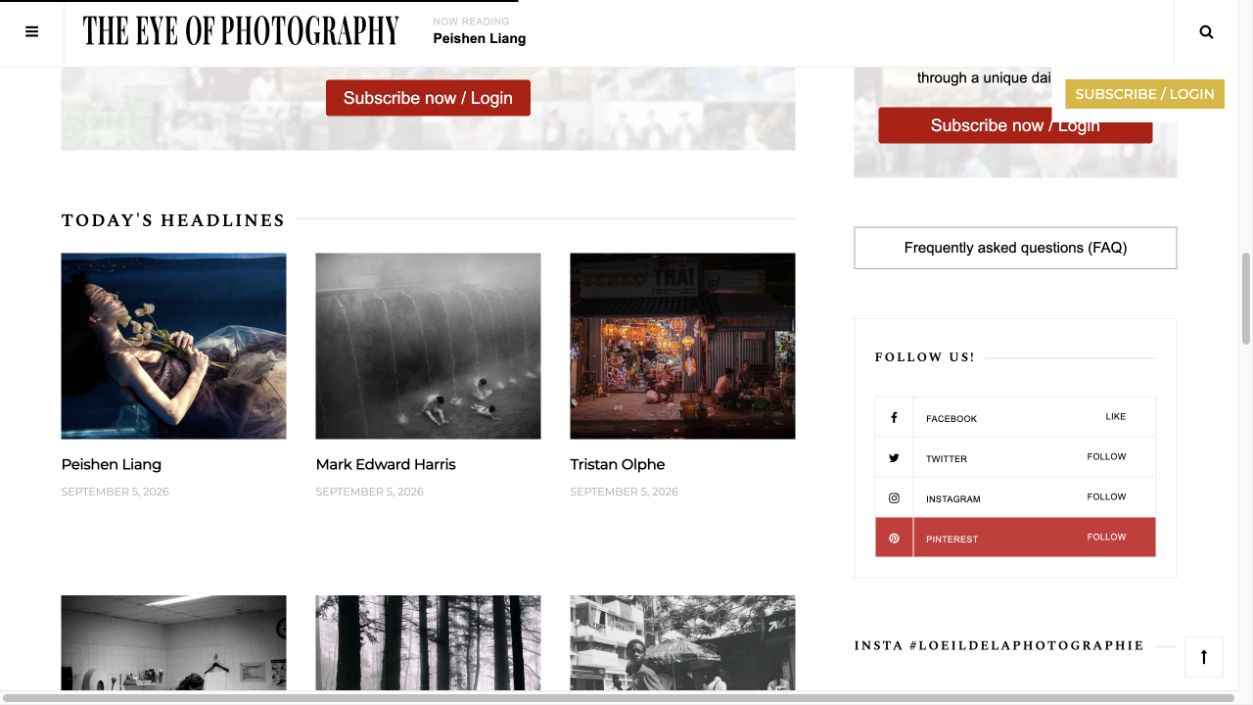 The Eye of Photography daily headlines page listing Peishen Liang