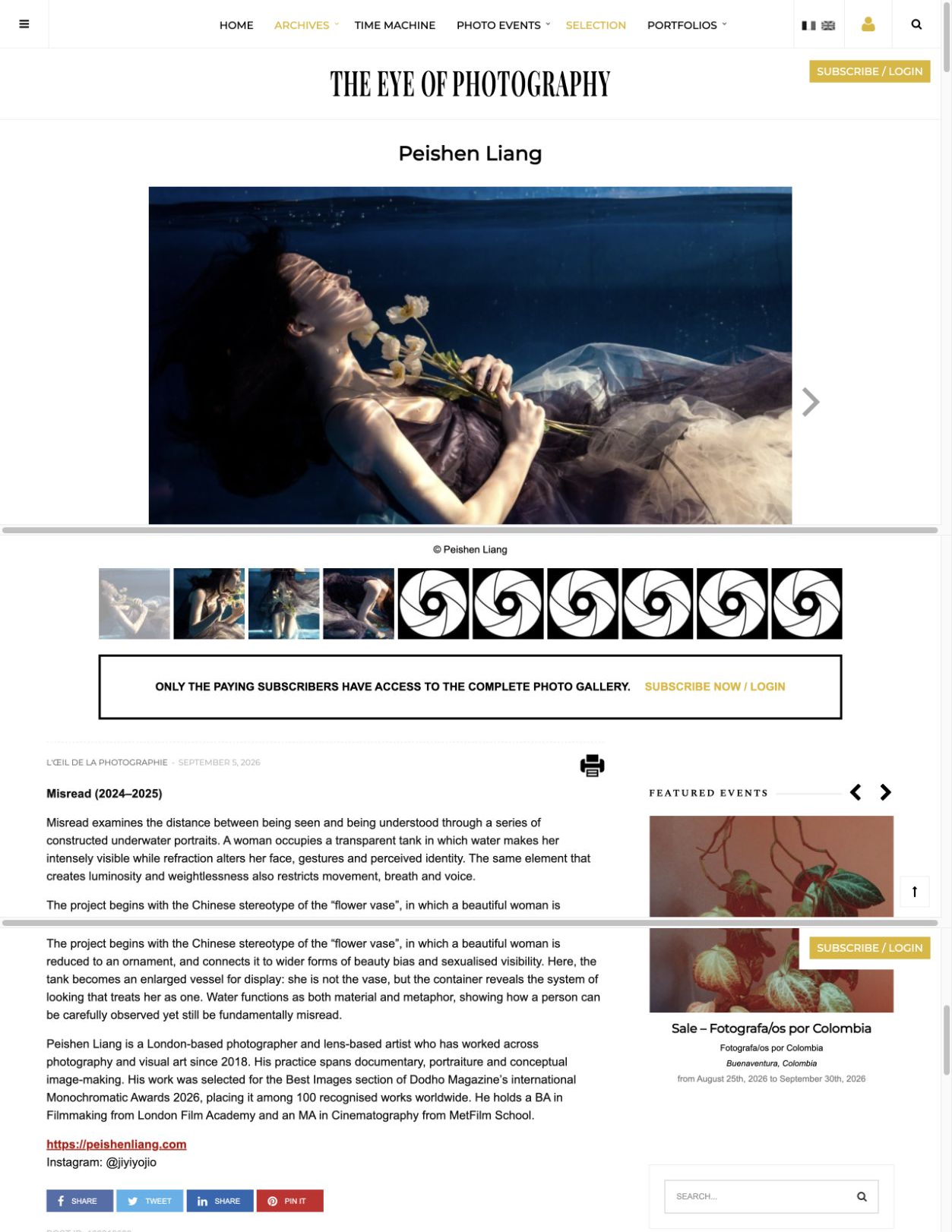 The complete English L’Œil de la Photographie feature for Peishen Liang’s Misread, including the published gallery, project statement, biography and artist credit