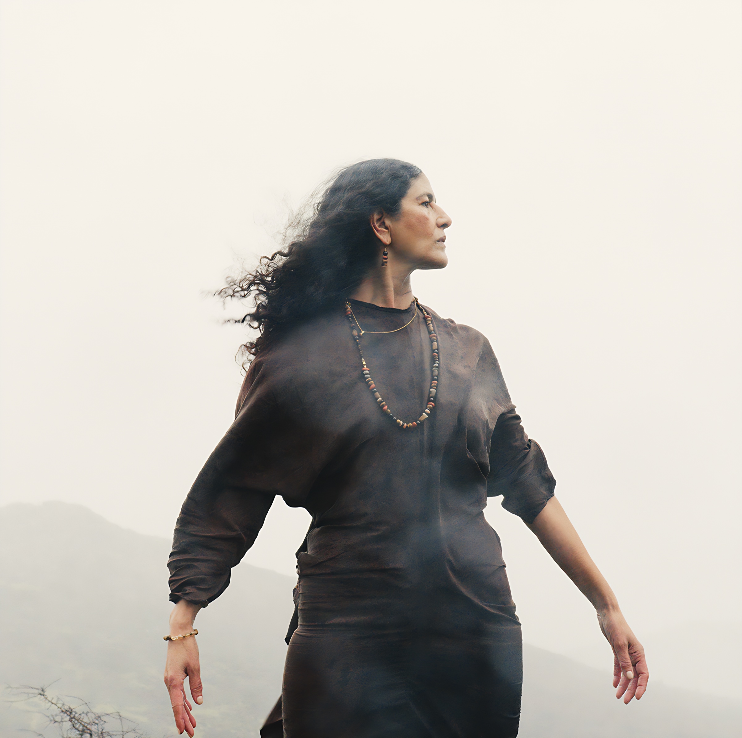 A standing figure facing the open landscape in soft colour