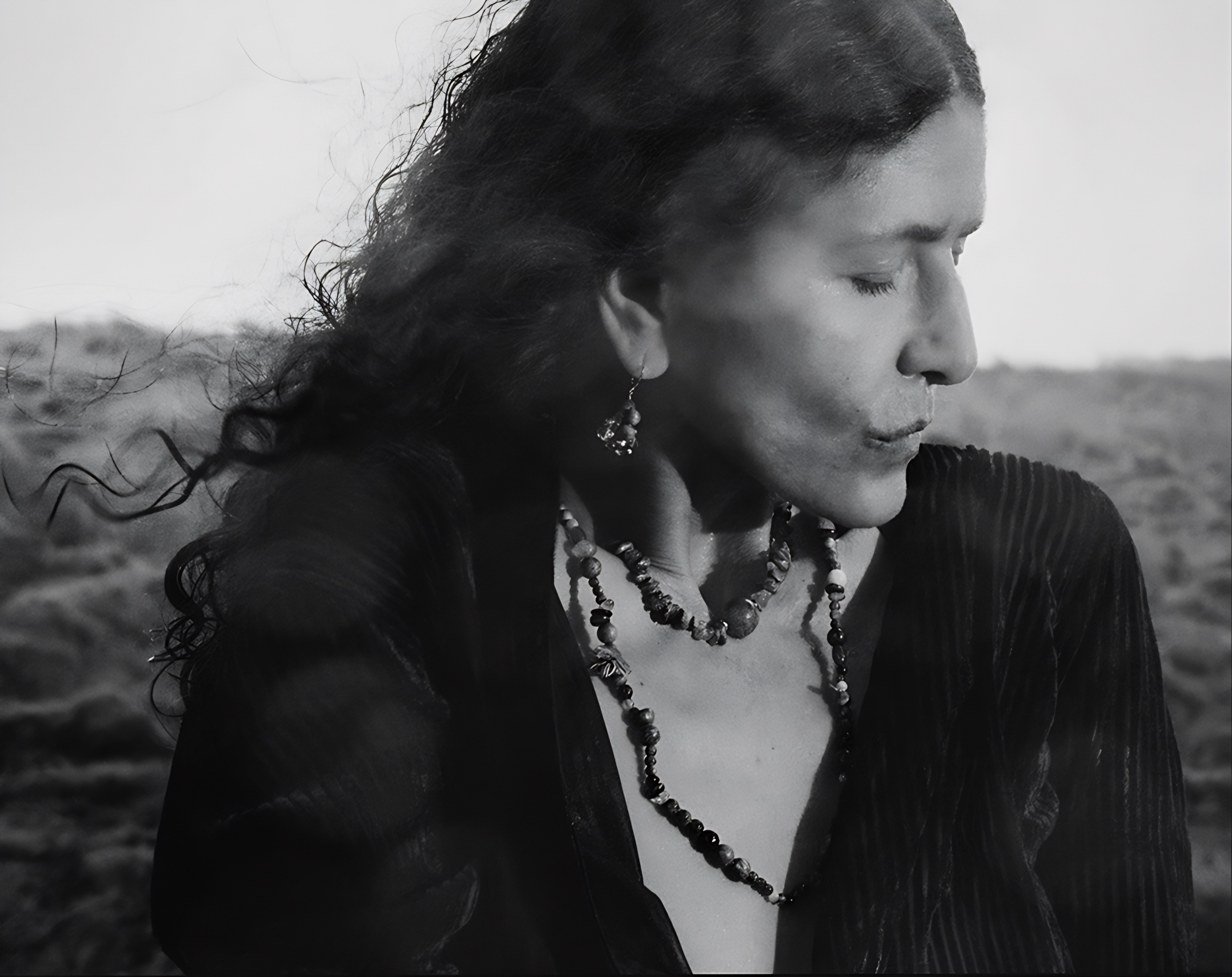 A black-and-white side profile in an open landscape